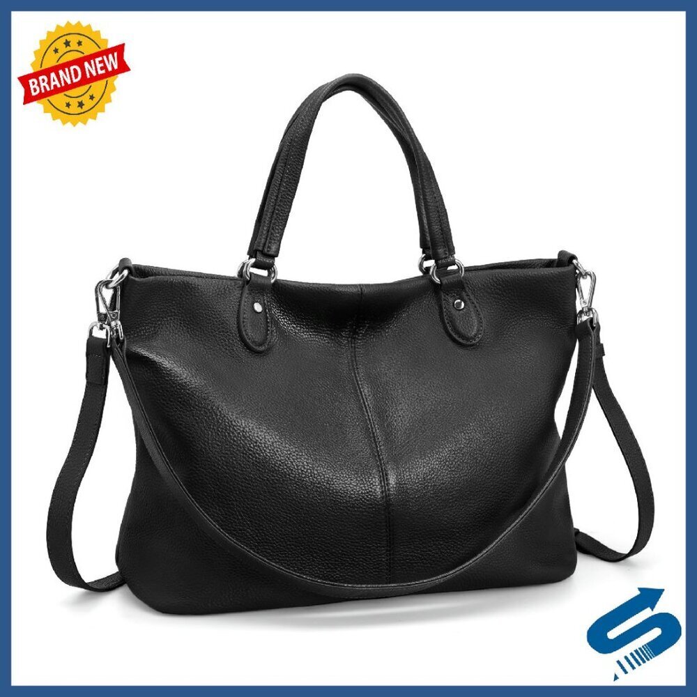 Genuine Leather Tote Bag with Zipper, Crossbody Strap, Laptop Pocket